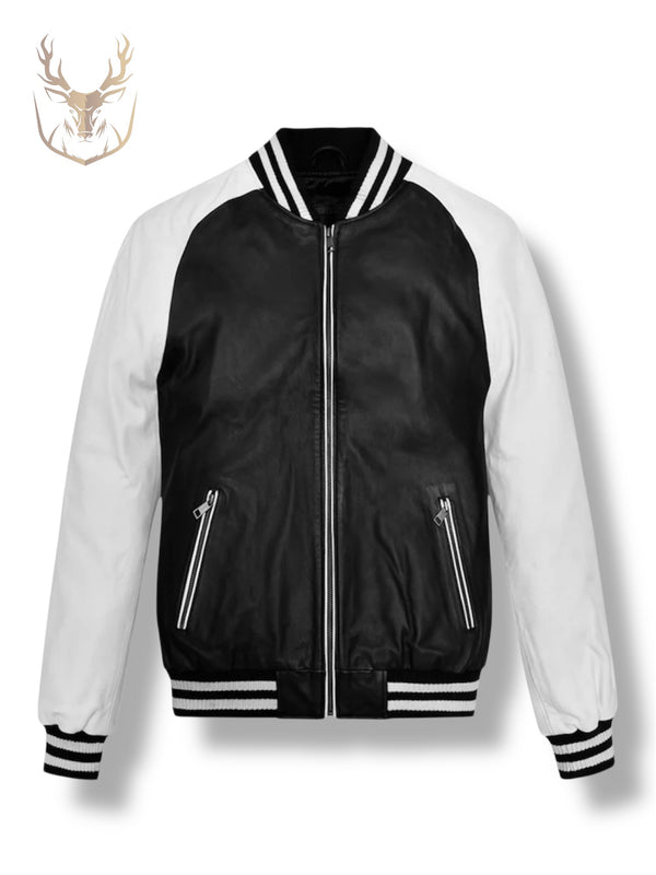 LuxeAura’s Aura White Bomber Leather Jacket For Men.