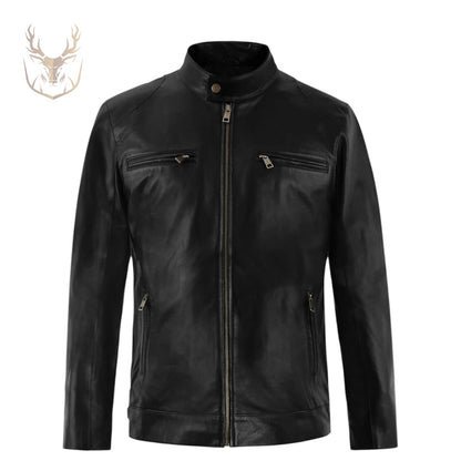 LuxeAura’s Prime Black Cafe Racer Leather Jacket For Men.