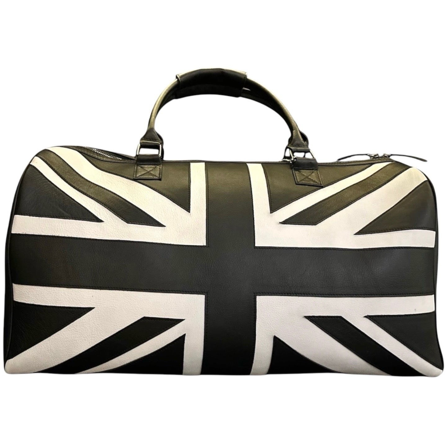 A leather duffle bag featuring a black and white Union Jack design on the side.