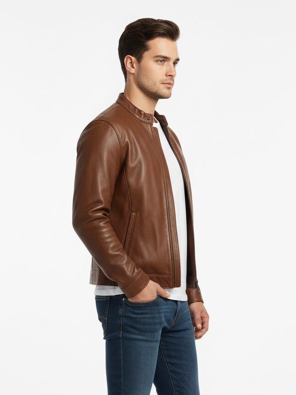 Man wearing a brown leather jacket on a white background