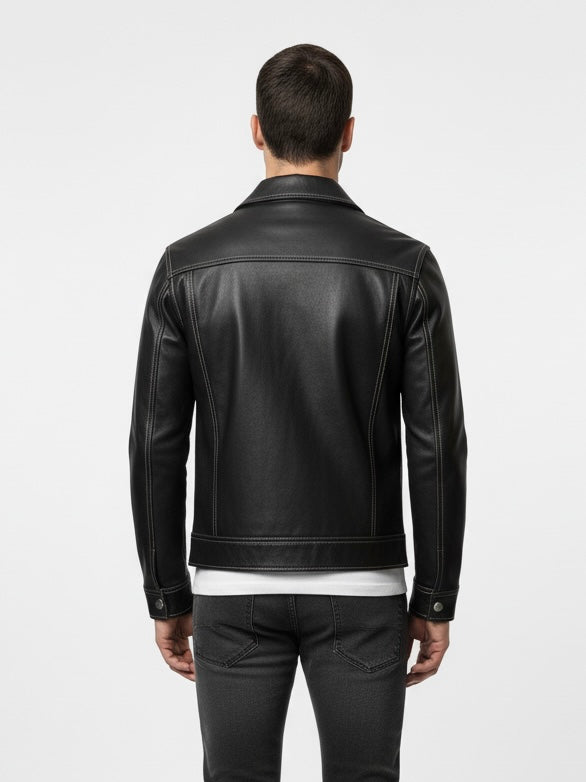 THUNDER - Black Trucker Leather Jacket