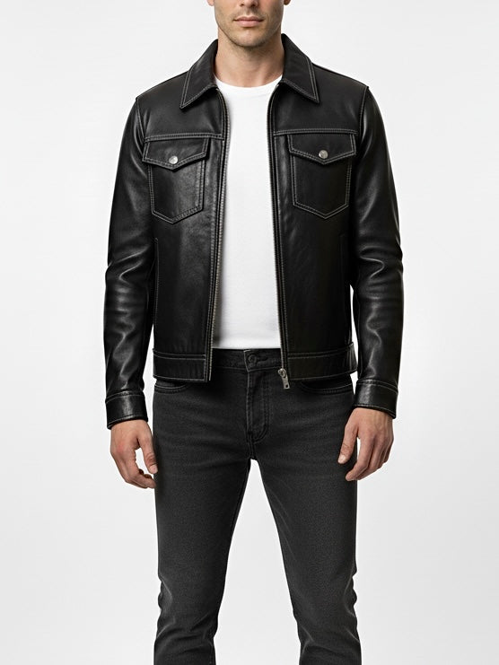 ASHWOOD - Black Trucker Leather Jacket