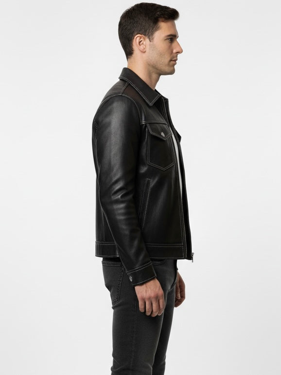 ASHWOOD - Black Trucker Leather Jacket