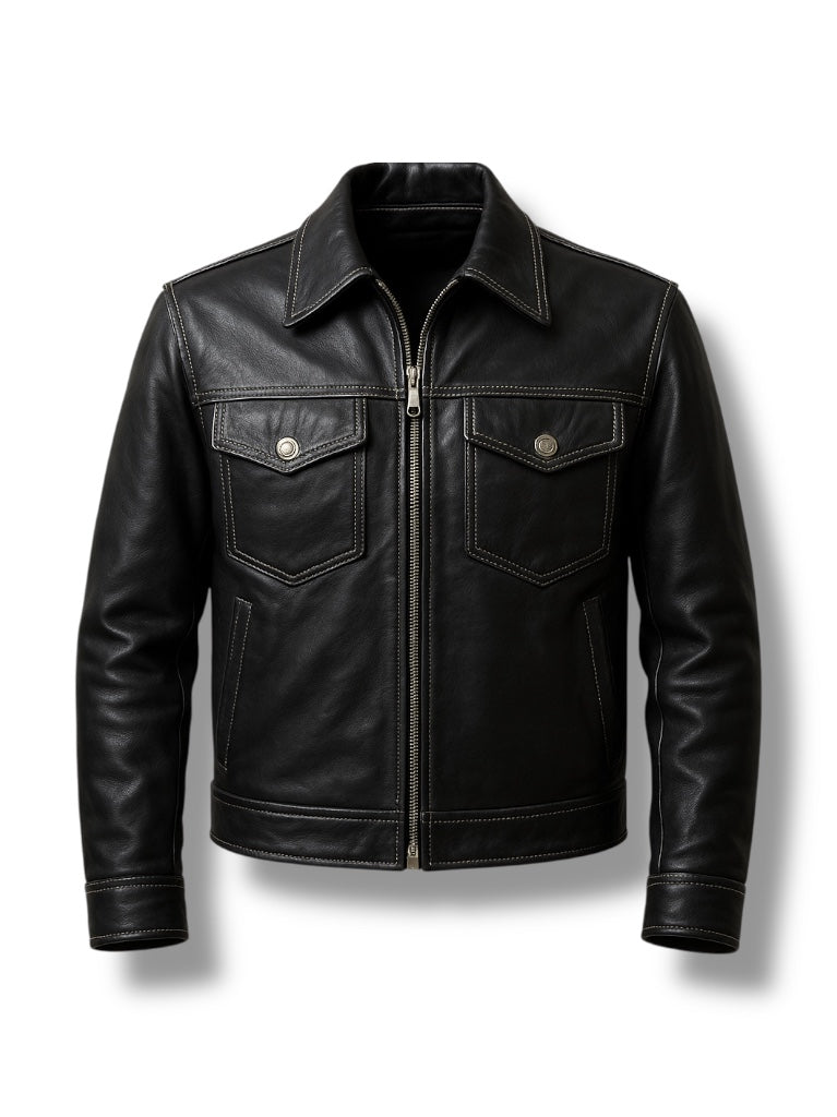 front image of Black leather jacket on a white background