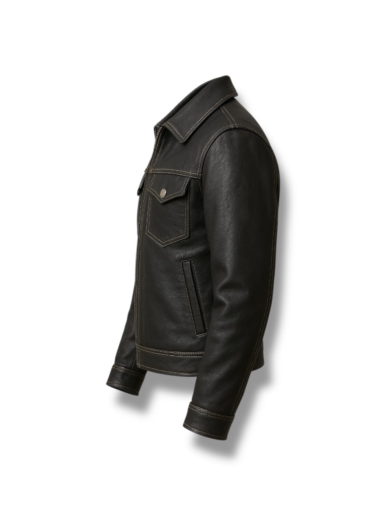 side image of Black leather jacket on a white background