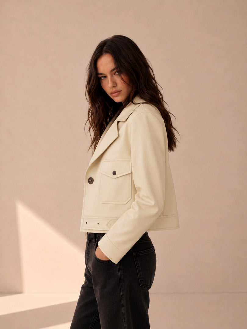 Woman wearing a cream jacket against a beige background