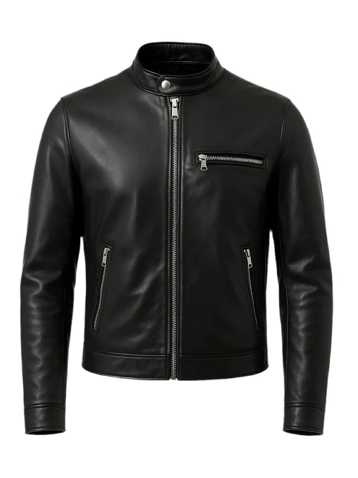 Black leather jacket on a white background