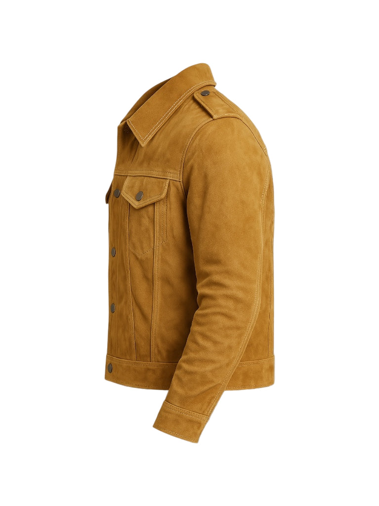 side view of mustard suede leather jacket on a white background