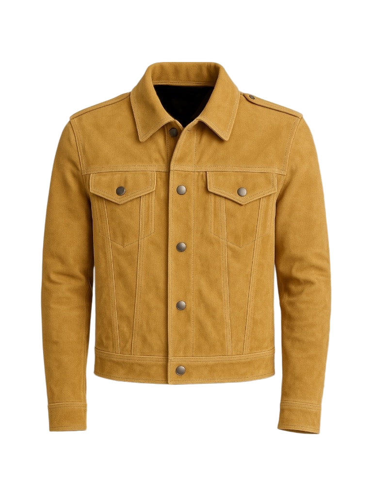 mustard suede leather jacket front angle on a white background
