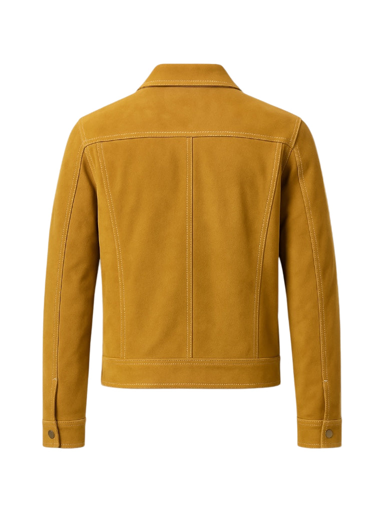 Mustard suede leather jacket on a white background