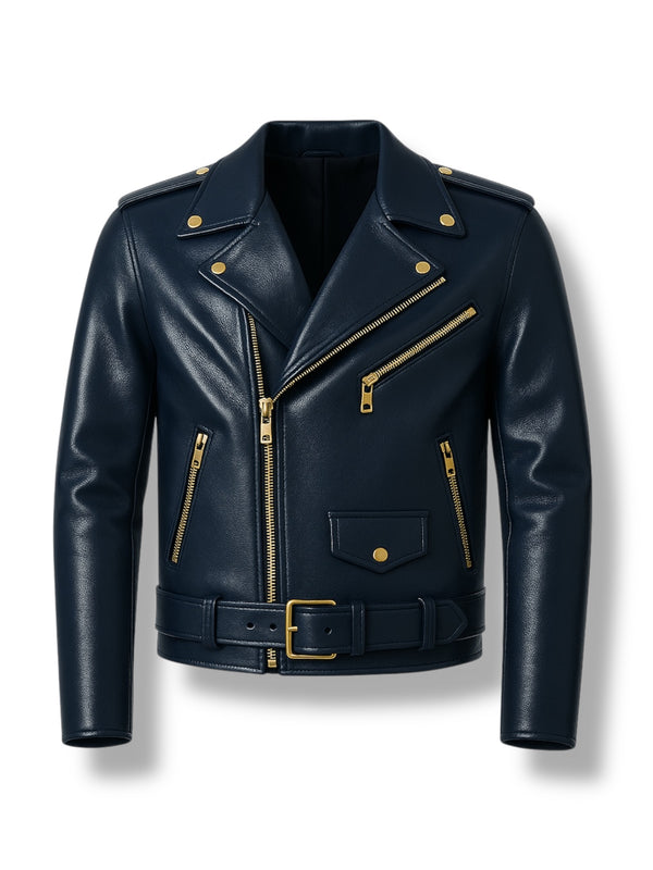 A navy blue biker leather jacket with gold zippers and a belt at the waist, displayed on a plain background.