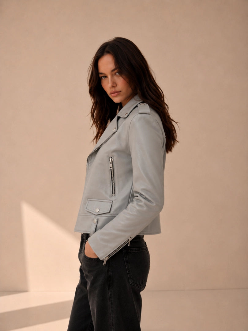 women wearing grey biker leather jacket 