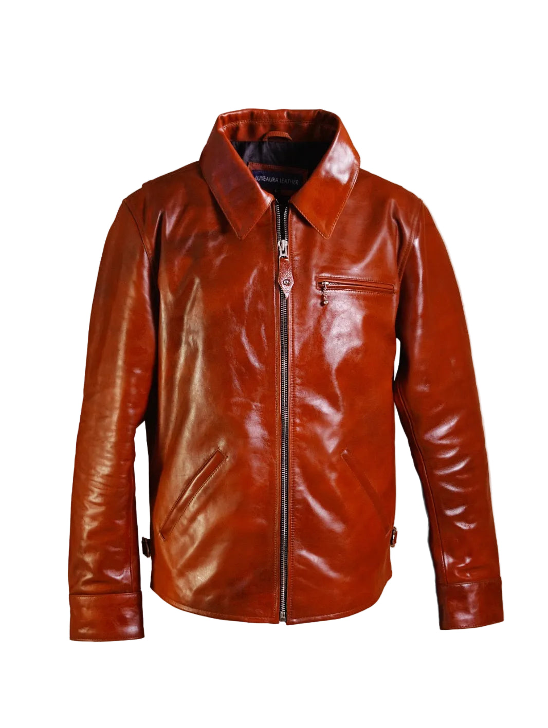A glossy brown leather jacket with a front zipper, pointed collar, and zippered chest pocket, shown against a plain white background.