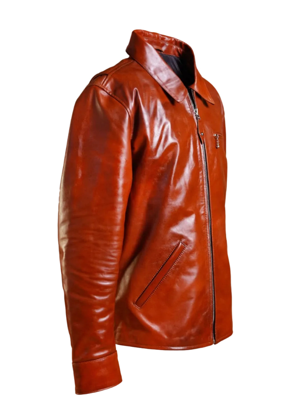 A reddish-brown leather jacket with a front zipper, collar, and zippered chest pocket, shown on a plain white background.