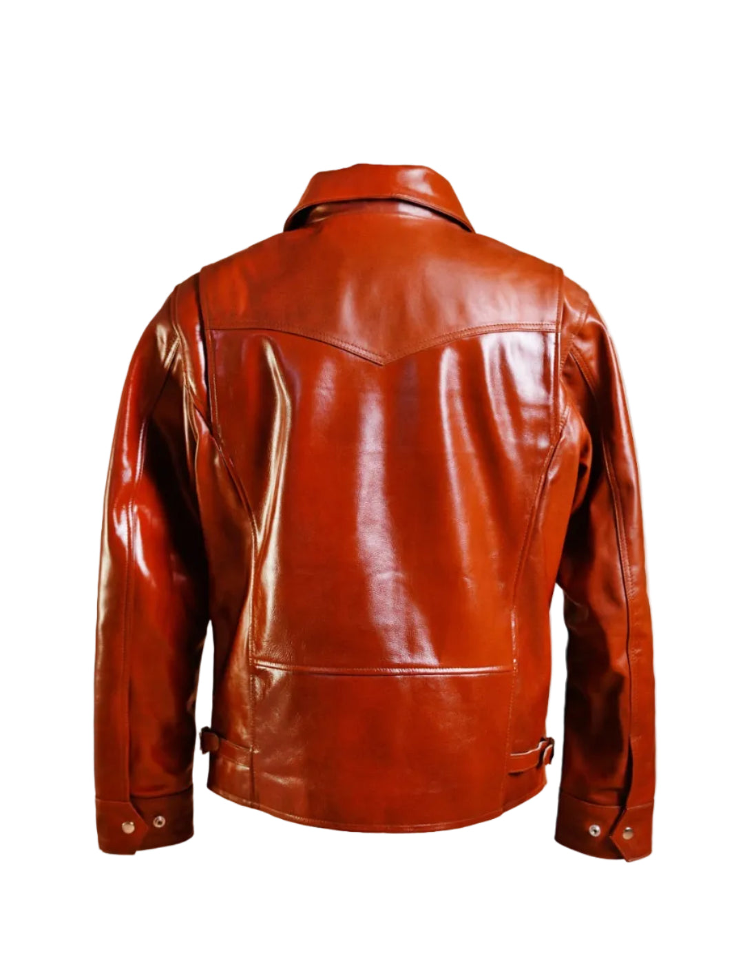 A brown leather jacket shown from the back, featuring a high collar, shoulder epaulets and snap-button cuffs, photographed against a solid white background.