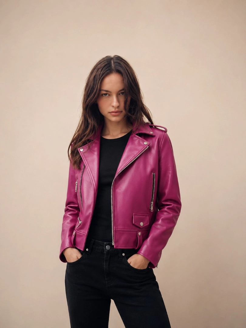 Woman wearing a pink leather jacket against a beige background