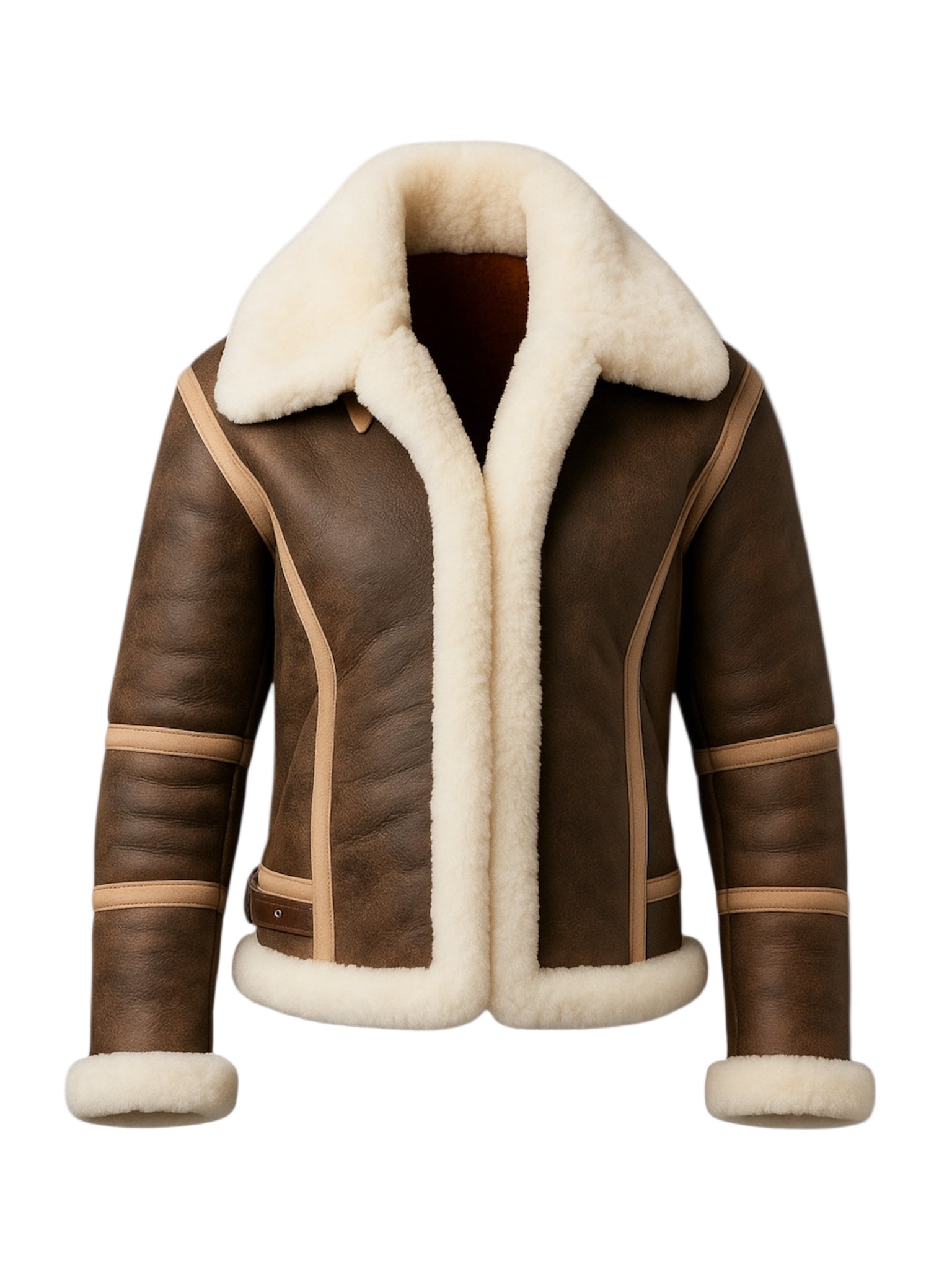 Brown leather jacket with white fur lining on a white background
