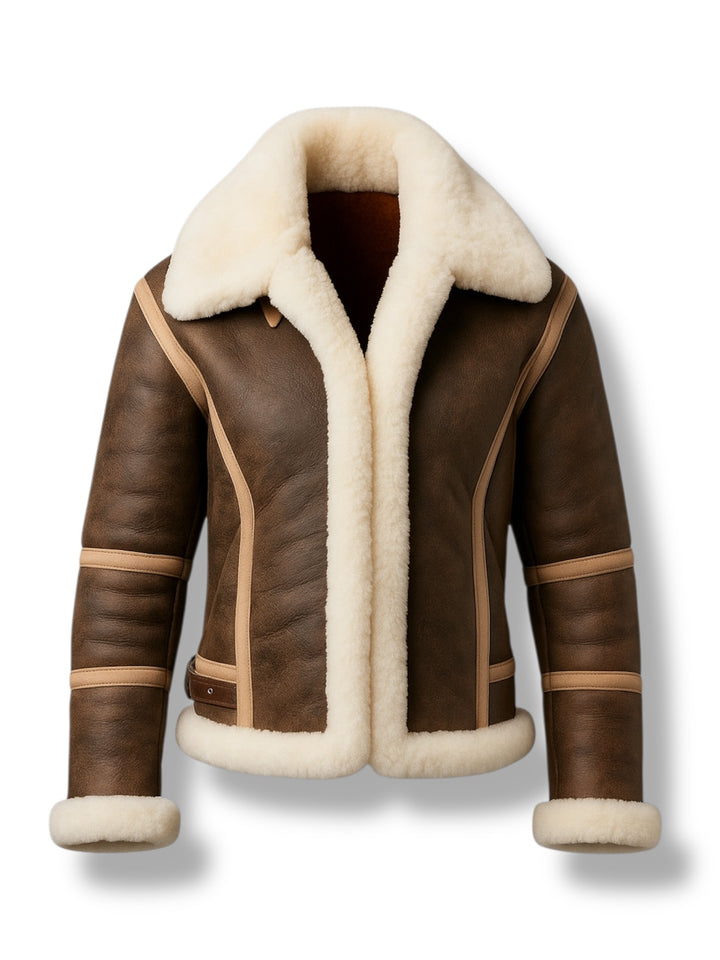 Brown leather jacket with white fur lining on a white background