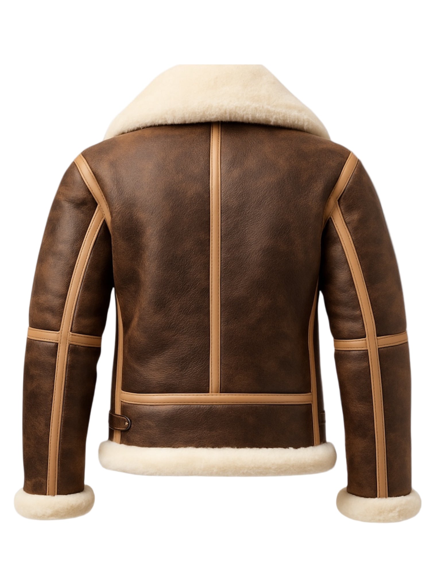 Back shot of brown leather shearling jacket with beige fur lining on a white background
