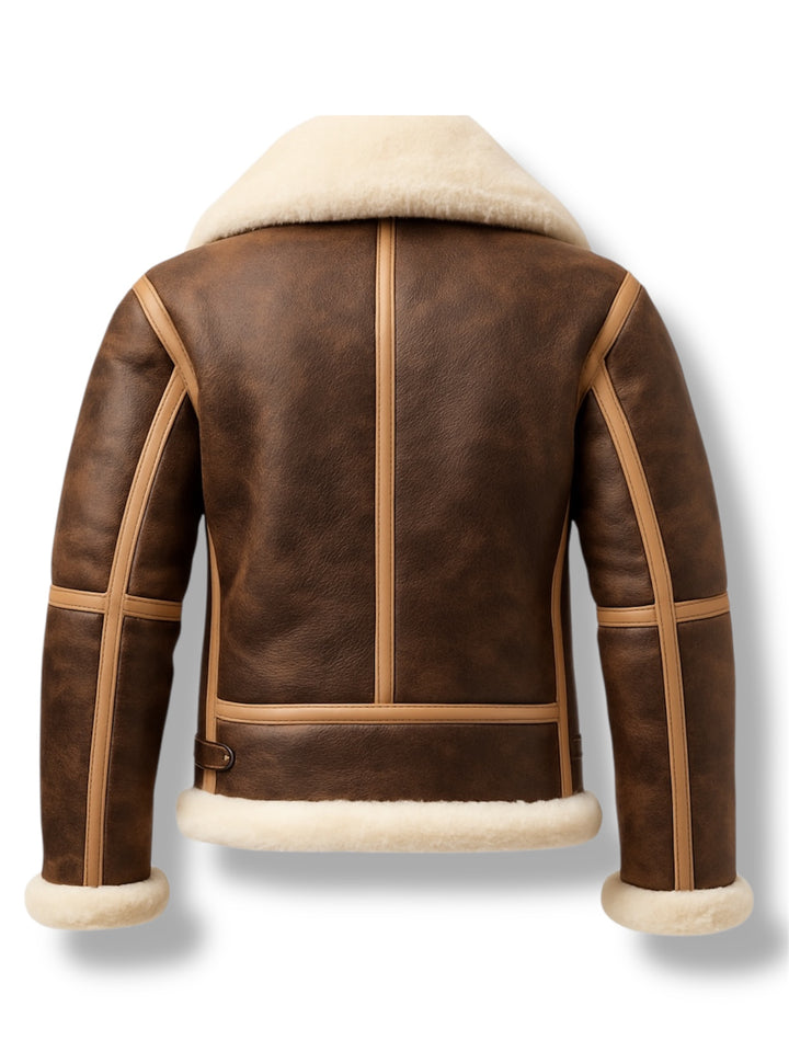 Back shot of brown leather shearling jacket with beige fur lining on a white background