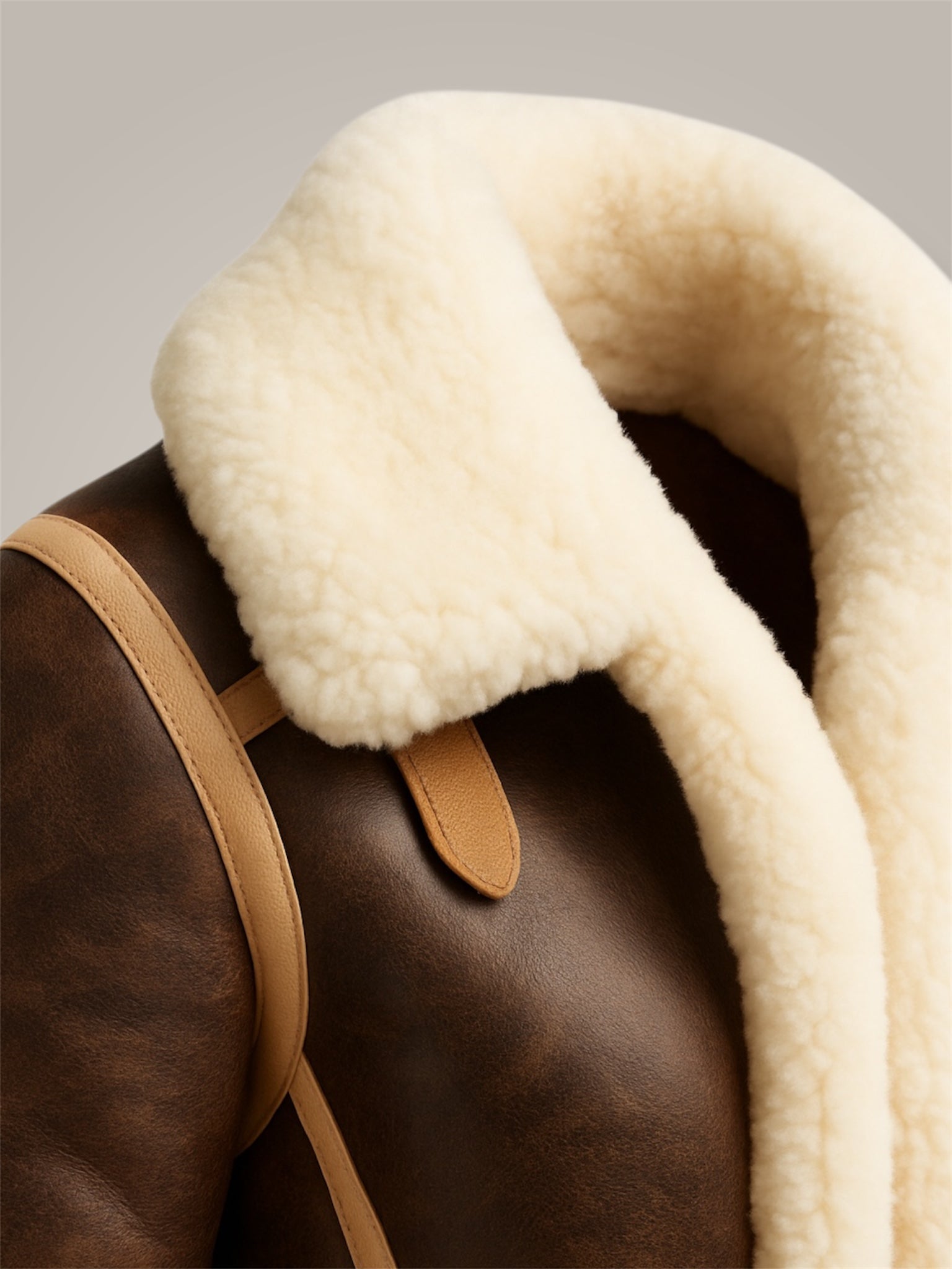 Close-up of a brown shearling leather jacket with white fur lining on a gray background