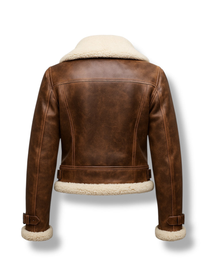 Back shot of brown leather jacket with white fur lining on a white background