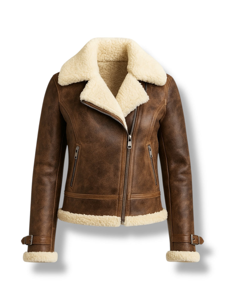 Brown shearling leather jacket with white fur lining on a white background