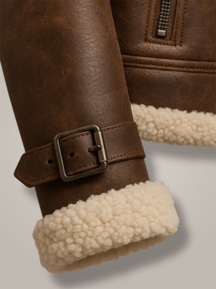 close-up shot of brown cuffs and shearling on it