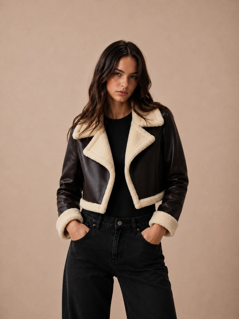 Woman wearing a black leather jacket with white fur trim against a beige background