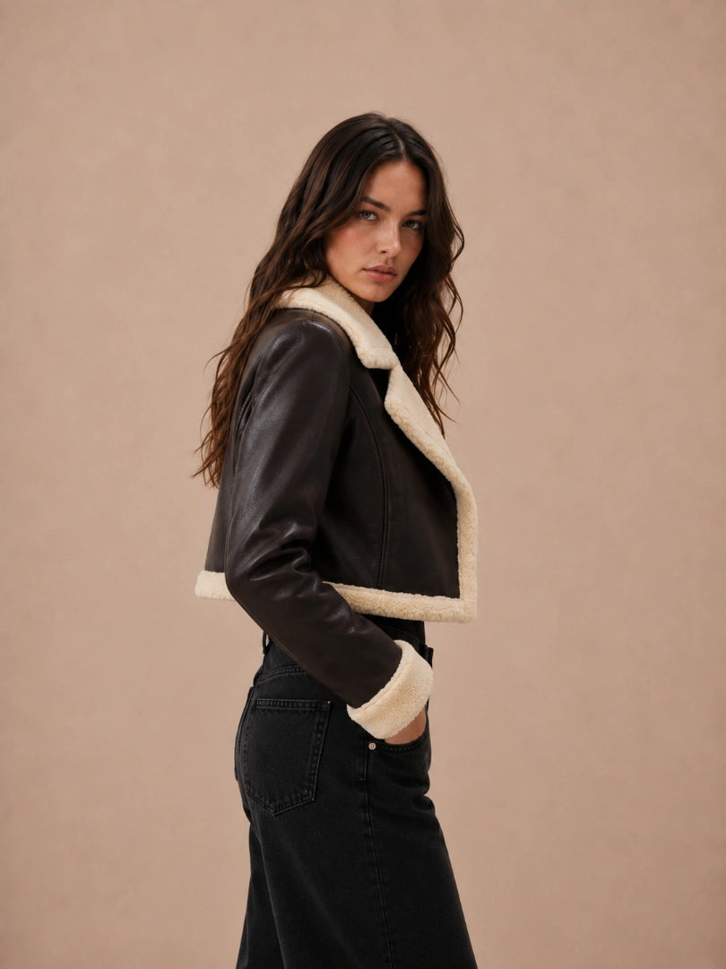 Woman wearing a black leather jacket with white fur trim against a beige background