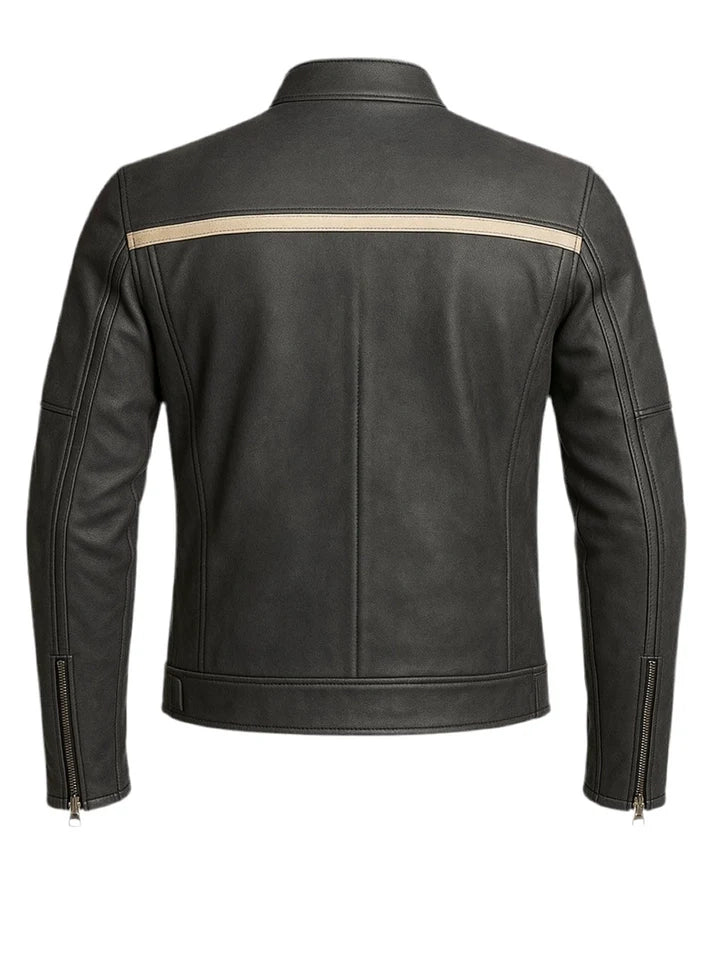 Black leather jacket with beige accents on a white background