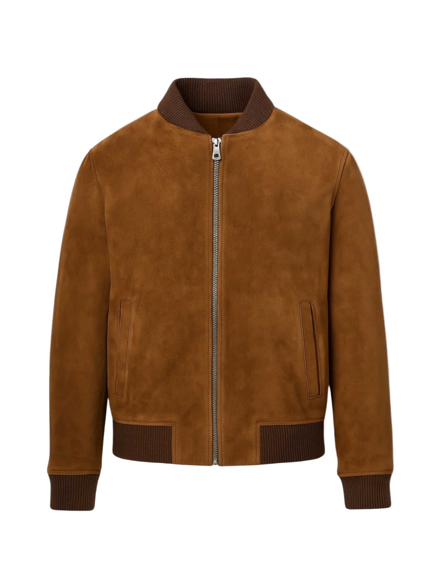 Brown suede jacket with brown trim on a white background