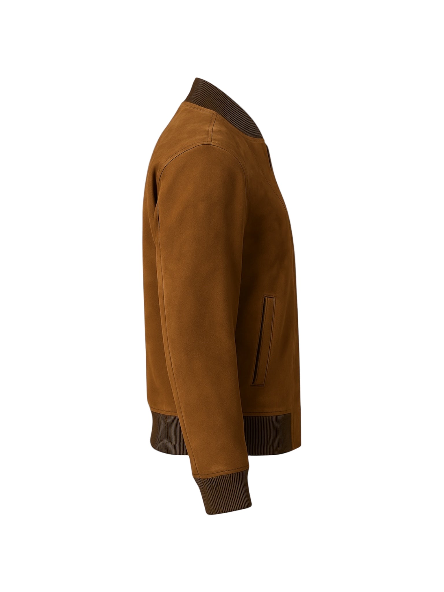 side shot of Brown suede leather jacket with dark brown trim on a white background