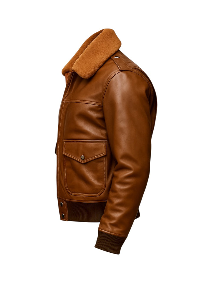 Brown leather jacket with shearling collar on a white background