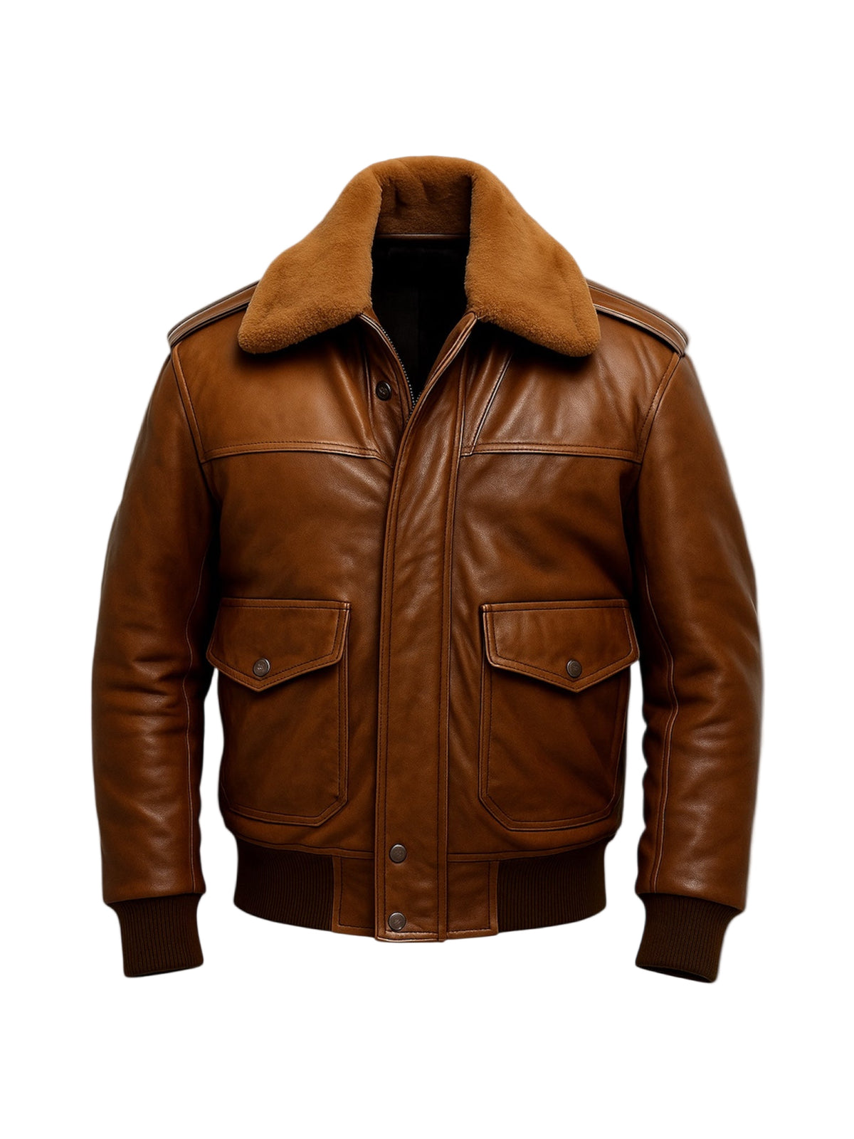 Brown leather jacket with fur collar on a white background