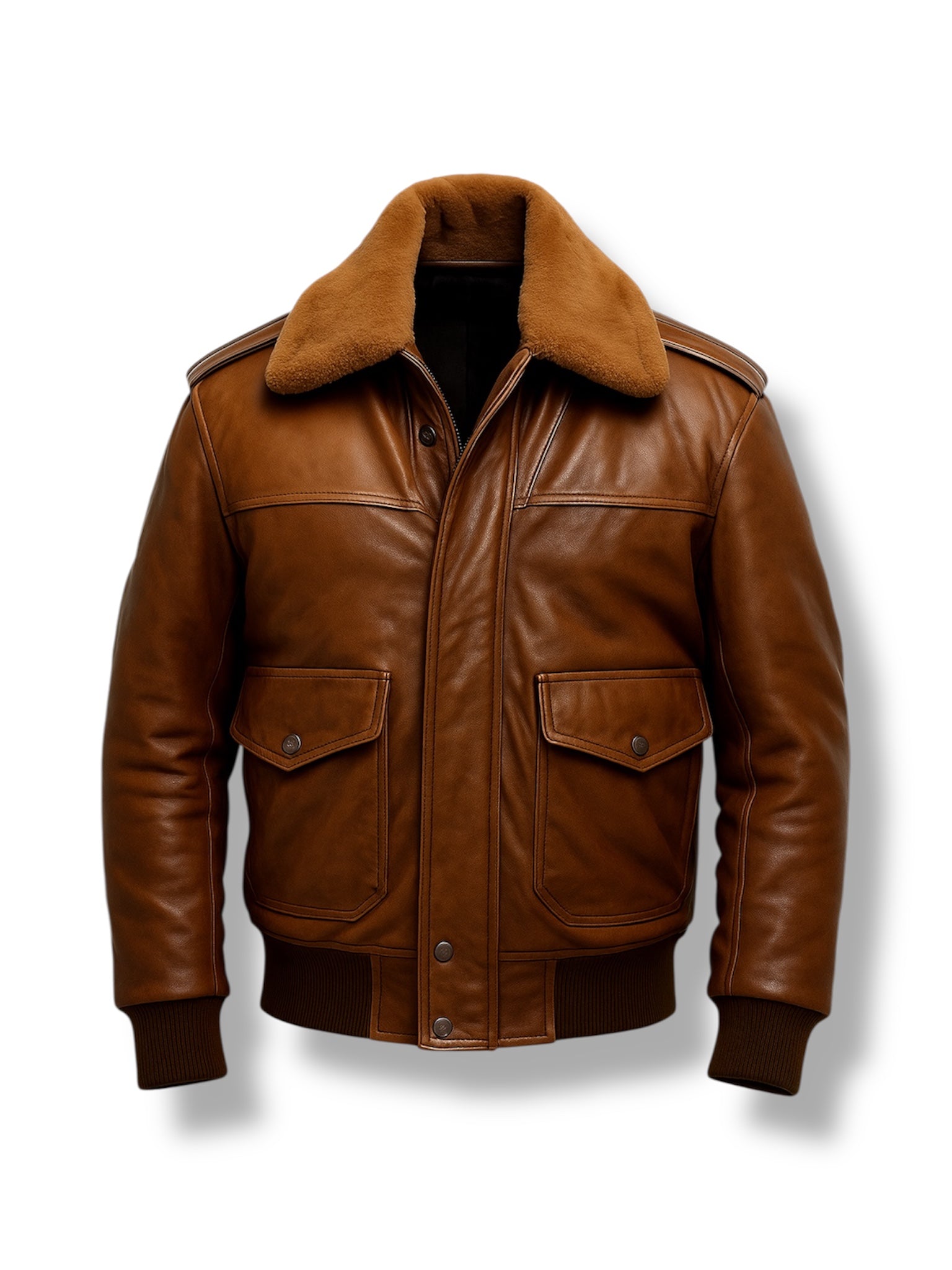 Brown leather jacket with fur collar on a white background