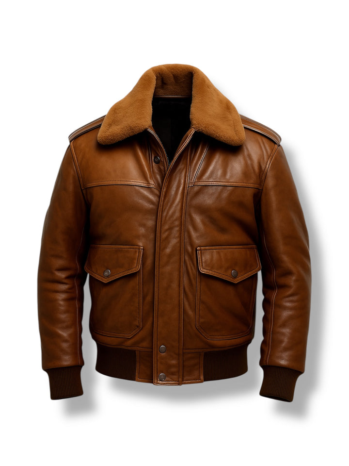 Brown leather jacket with fur collar on a white background