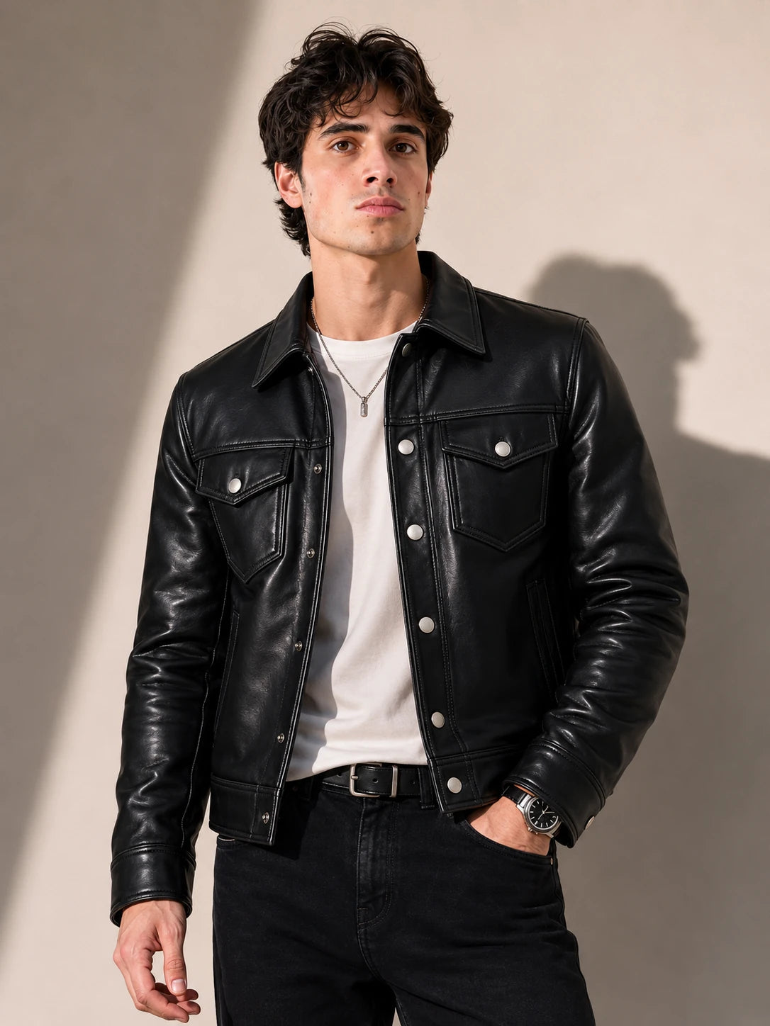 Man wearing a black leather jacket over a white shirt against a neutral background