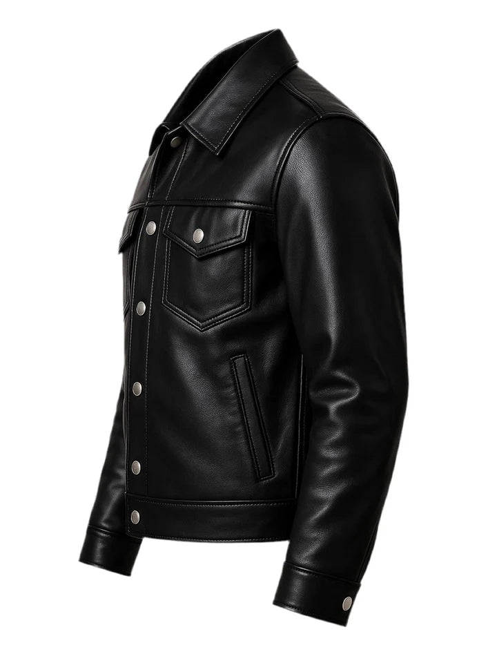 Black leather jacket on a white background