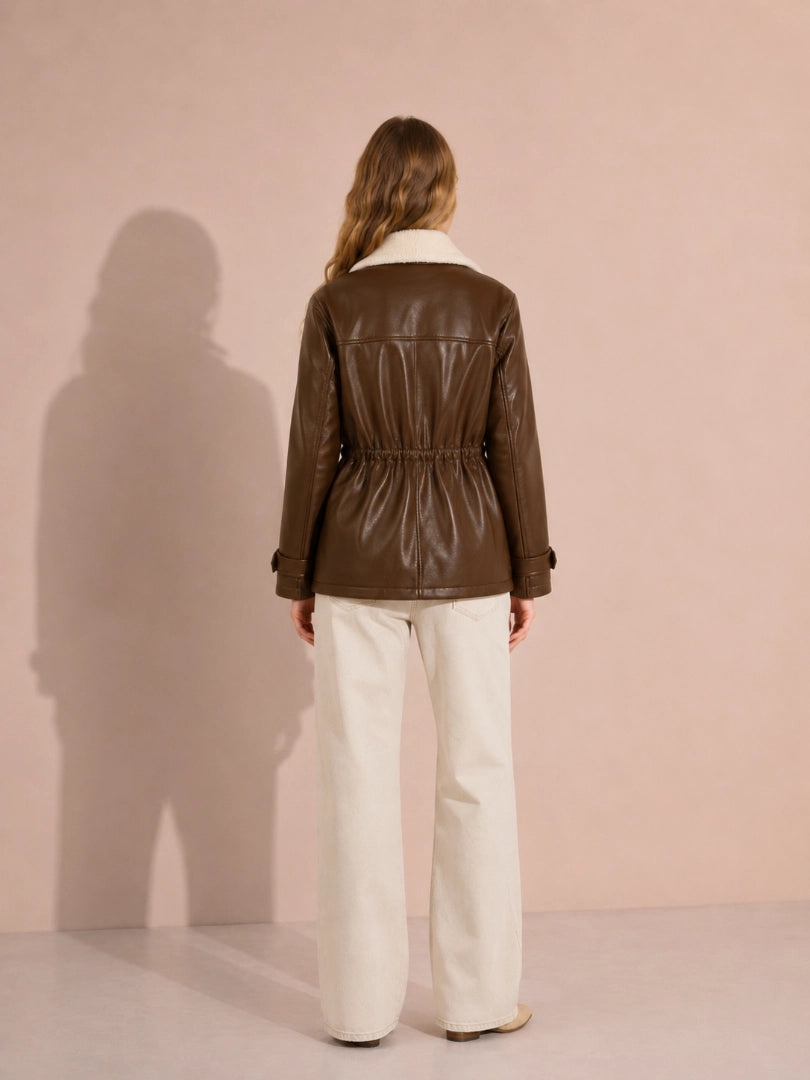 Person wearing a brown leather jacket and white pants against a pink background