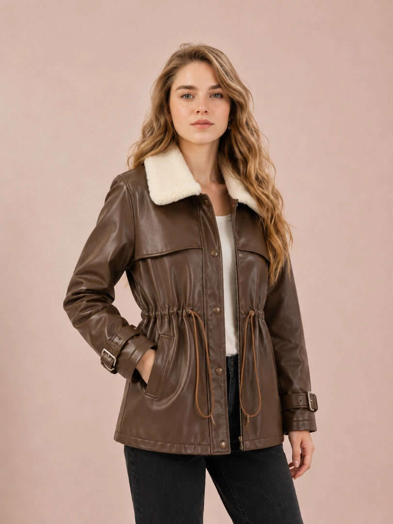 Woman wearing a brown leather jacket with white fur lining on a beige background