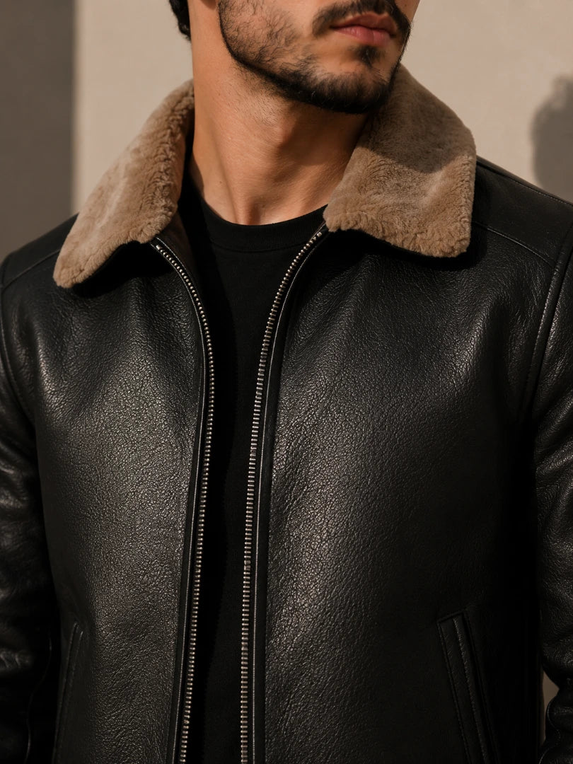 Man wearing a black leather jacket with a beige fur collar against a neutral background