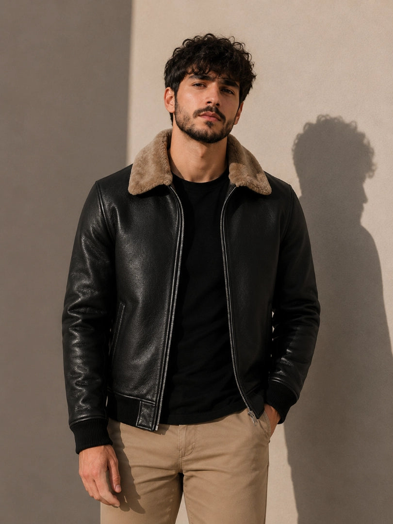 Man wearing a black leather jacket with fur collar against a beige background