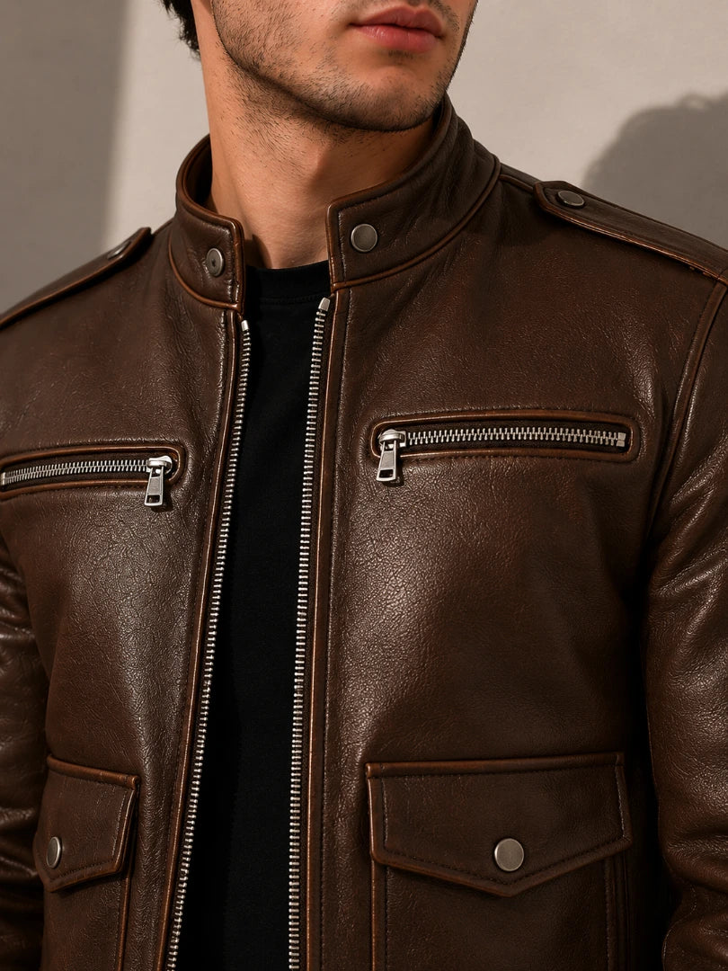 Brown leather jacket with zippers and buttons on a neutral background
