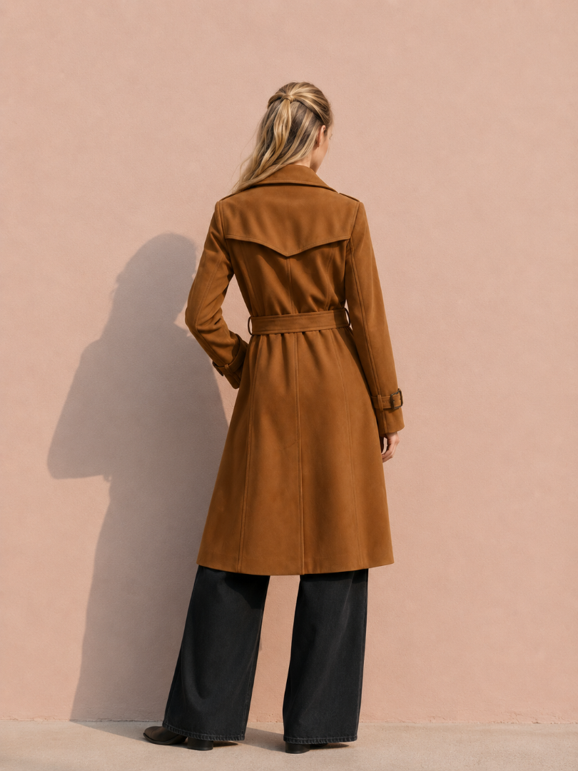 Person wearing a brown trench coat against a pink background