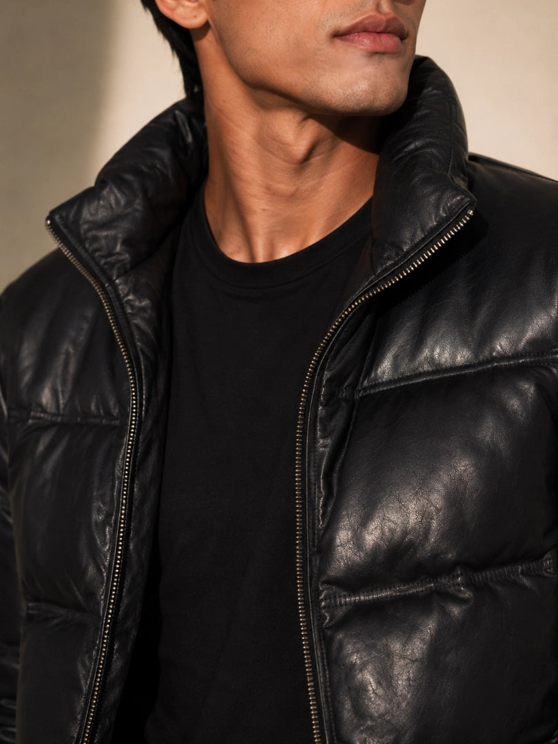 Close-up of a person wearing a black puffer jacket with a neutral background