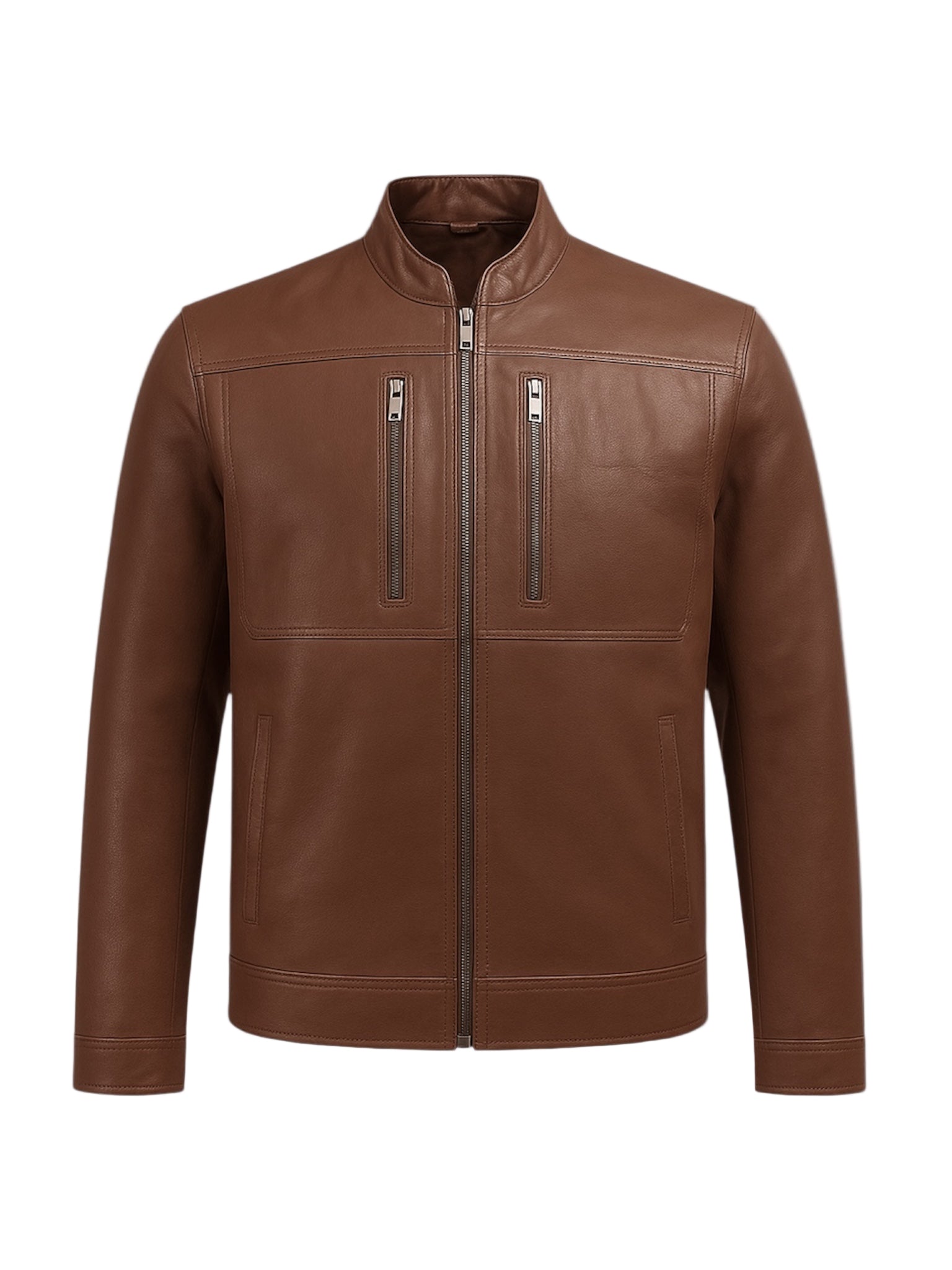 front view of Brown leather jacket on a white background