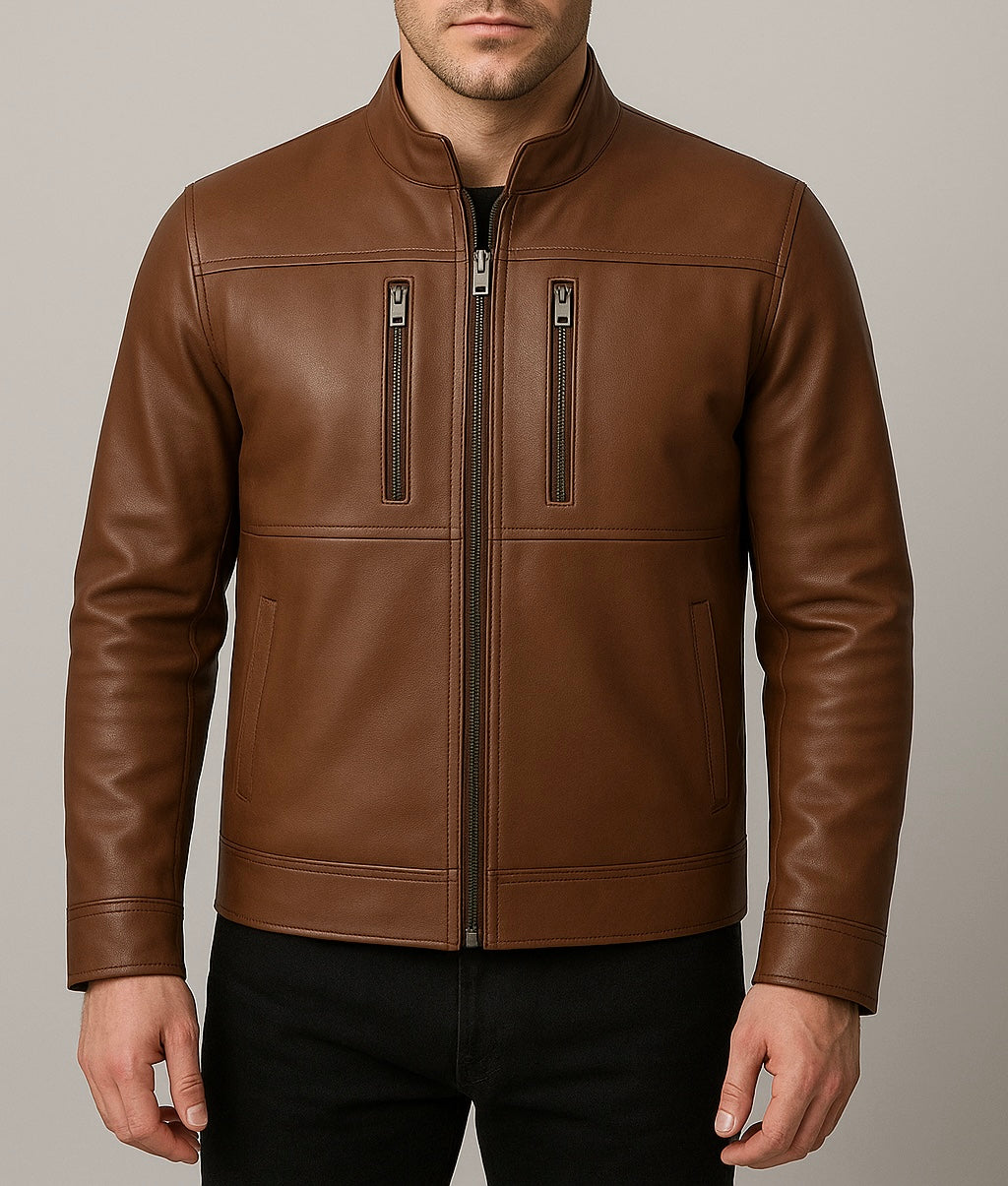 front shot of Brown leather jacket worn by a person on a neutral background