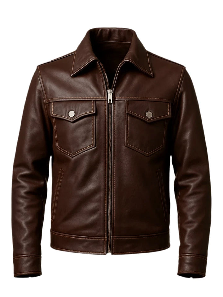 Brown leather jacket on a white background