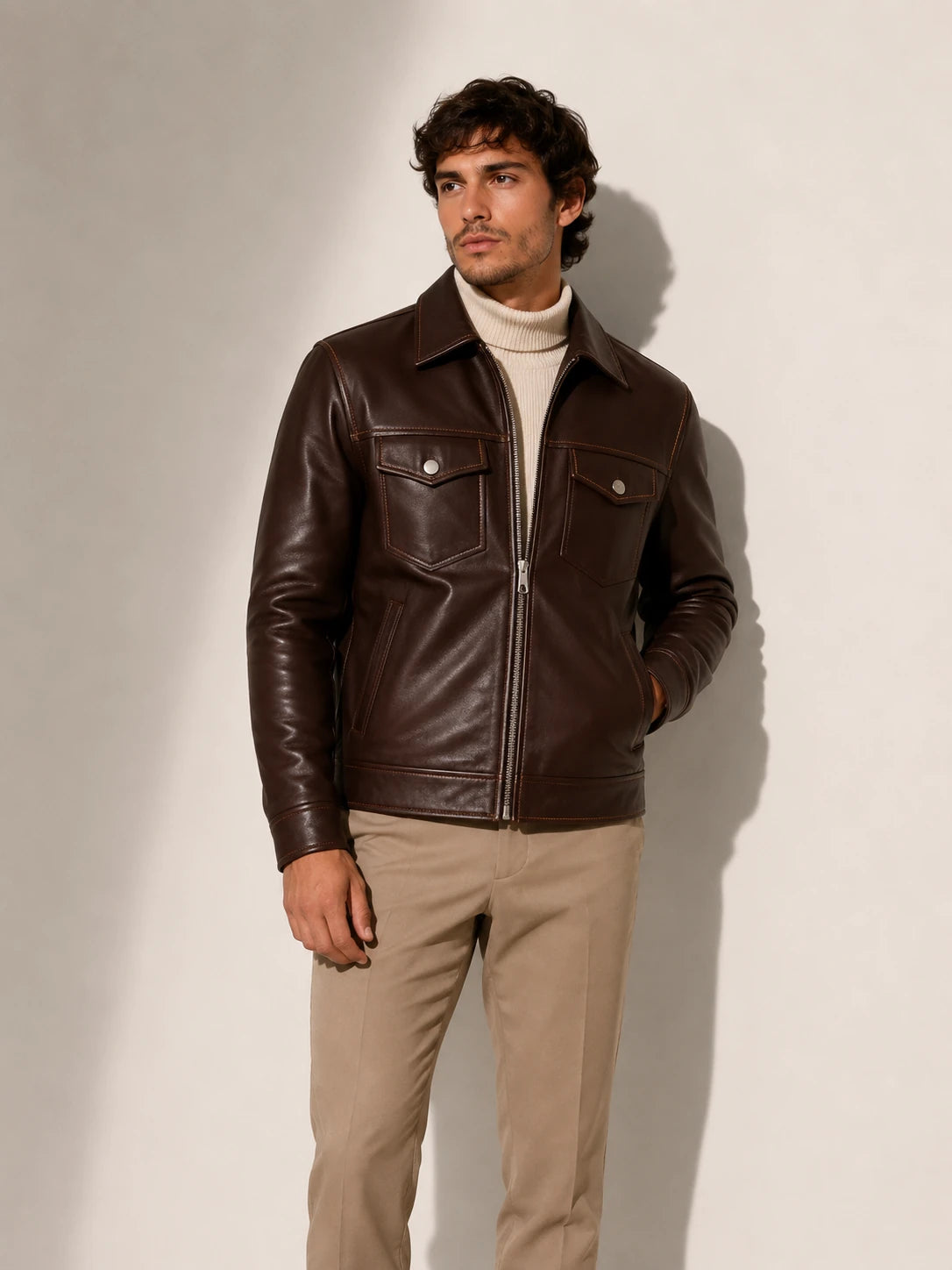 Man wearing a brown leather jacket over a white turtleneck against a plain background